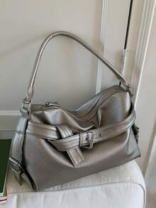 1 件装简约复古荔枝纹女士软皮单肩托特包，女士手提包，秋冬新款女士单肩包，秋季最佳手提包，女士休闲手提包 - 銀色 - 查看 2