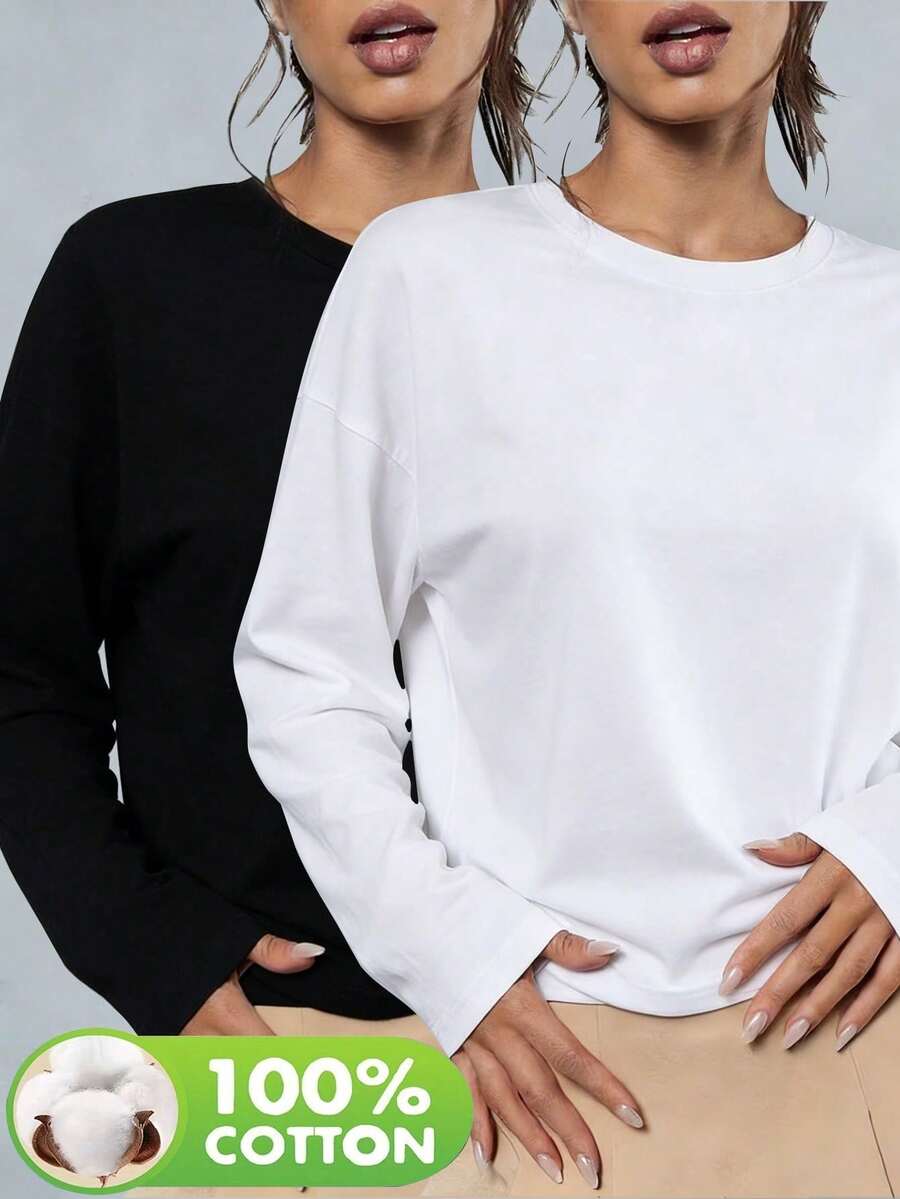 Bộ 2 áo thun dài tay nữ, áo lót cổ tròn bằng cotton, thích hợp cho mùa thu/đông, áo giữ ấm mùa đông, kiểu dáng thường ngày. - Đen + Trắng - Xem 1