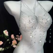 1Pc Sexy, Fashionable, Personalized, Exquisite, Multi-Layered Faux Pearl Chest Chain Top Chain, Wedding Party Accessories Chest Chain Body Chain European And American Sexy Bikini Three-Dimensional Back Chain Backless Assembly Accessories Boho Gold Chest Body Chains Layered Summer Sand Beach Bikini Waist Chain Accessories For Women - White - View 4