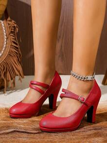 Women's Chunky Heel Mary Jane Round Toe Platform Pumps, Red Bridal Office Daily Dress Shoes - Red - View 11