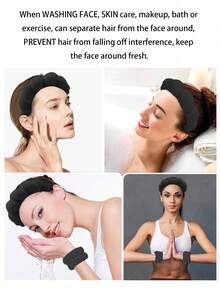 三件套海绵头带/腕带，瑜伽配件，跑步，护肤，吸湿排汗，发带，面膜，运动清洁，中性色，健身美容配件，健身房，自我护理，沐浴配件，发饰，运动器材 - 黑色 - 查看 4