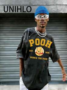 Disney UNIHLO   Winnie The Pooh  Printed Summer Heavyweight Retro Washed Street Fashion Casual T-Shirt - màu đen - Xem 4