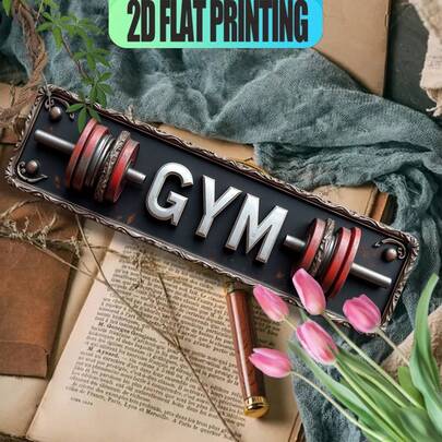 2D Flat, 2D Flat Vintage Large Metal Gym Sign With Barbell And "GYM" Letters - Heavy-Duty Aluminum Weightlifting Wall Art, Suitable For Gyms, Fitness Centers, For Man Caves - 15.75"X4" (40x10cm) Barbell Design, Pre-Drilled Holes For Easy