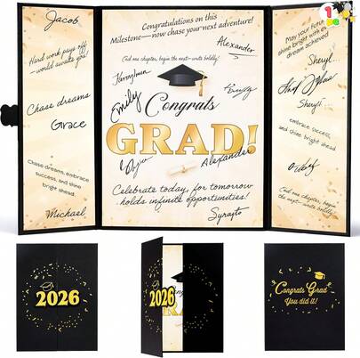Graduation Guest Book Alternative - Black & Gold Signature Card, 12 Inch Congrats Party Decoration, Class Of 2026 Signing Cardboard For High School & College Grads