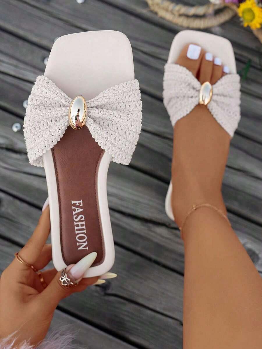 Arrival Women's Sandals, Flat Square Toe Design, Fresh Bow Accent, High-End Gold-Tone Hardware, Slip-On Style, Lightweight & Comfortable, Mix & Match, Suitable For Home, Spring/Summer Outdoor, Casual Country Vacation, Street Fashion Beach Slippers - Màu be - Xem 1