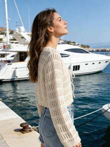 Women's Crochet Tie Front Cropped Cardigan - Summer Open Knit Cover Up Hollow Out Tie Front Cropped Cardigan - Beach Cover Up Long Sleeve Top V Neck Tie Front Crochet Cardigan - Lightweight Summer Layering Piece  Fall Outfit,Autumn Casual Wear,Daily Casual Set,Lounge Wear Set   Casual,Everyday Wear,Relaxed Fit,Matching Set,Two Piece Loungewear  Long Sleeve Tops  Work Tops For Women Tennis Outfit Women  Golf Clothes Women  Polo Women  Women's Sweaters  Professional Women Clothes - Màu be - Xem 2