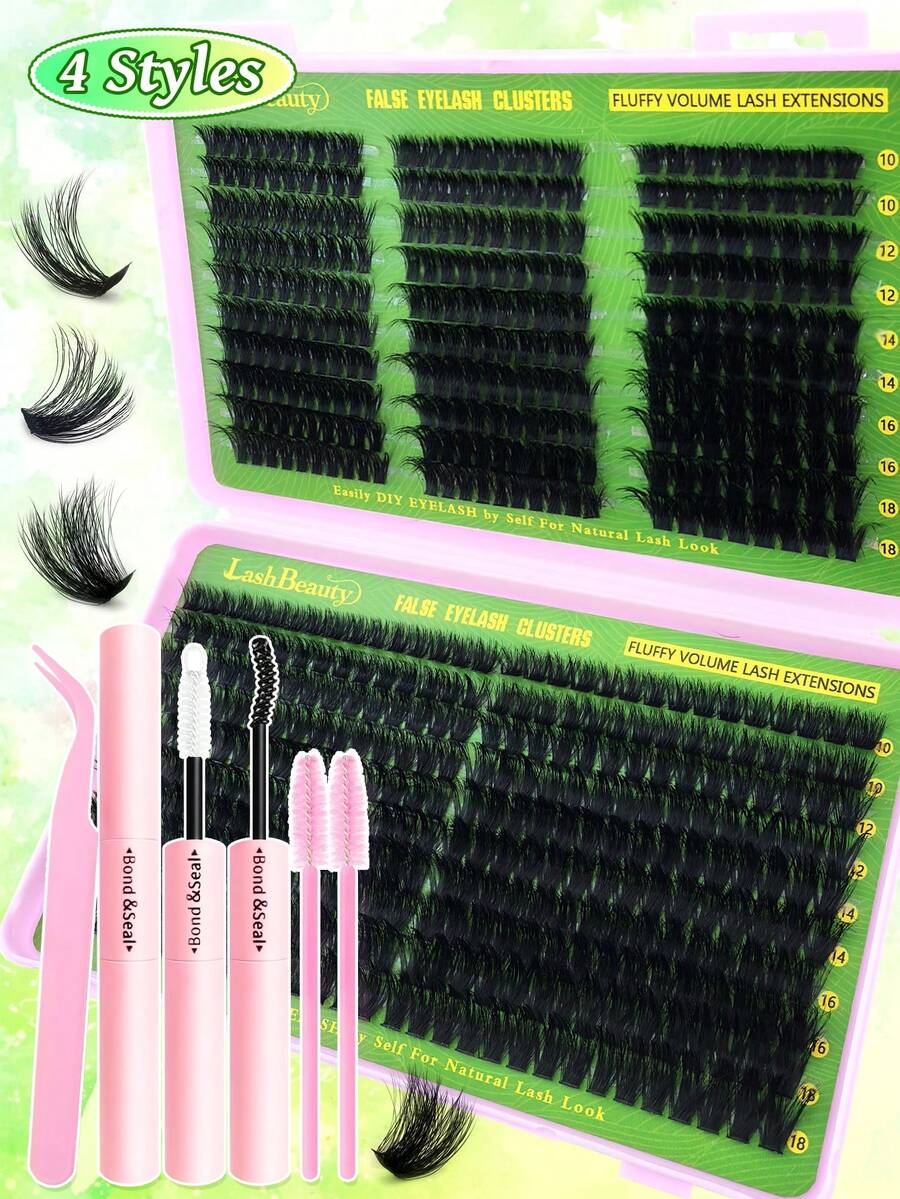 600PCS D Curl Individual Cluster Lash Set, 10-18mm Extra Thick Lashes, 60D+80D+100D+120D+150D Natural & Voluminous, Ultra Soft & Lightweight DIY Lash Extension Kit With Makeup Tools, Perfect For Beginners, Home DIY, Daily Wear, Parties And Gifting - 黑色 - 查看 1