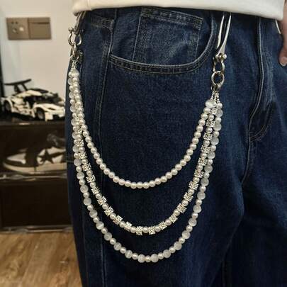 Men's And Women's Universal Punk-Style Belt With Chain, Multi-Layered Beaded Pearl Wallet Chain, Denim Accessory Jewelry