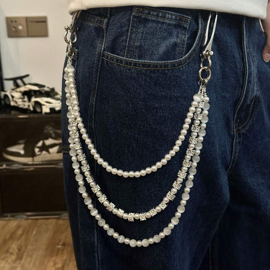 Men's And Women's Universal Punk-Style Belt With Chain, Multi-Layered Beaded Pearl Wallet Chain, Denim Accessory Jewelry - Multicolor - View 1