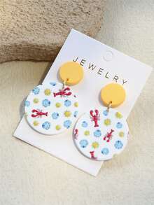 1对女士海洋风情虾、龙虾、贝壳和太阳印花陶瓷质感亚克力圆形可爱度假风耳环 - 彩色 - 查看 4