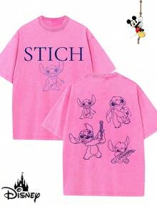 Disney-Licensed Men's Cotton T-Shirt For The 2026 Family Holiday. Featuring A Stitch Motif, Washed Crew Neck, Soft And Comfortable Feel, Easy Care And Suitable For Various Occasions Such As Holidays, Everyday Life And Commuting – Full Of Festive Spirit. - 玫紅色 - 查看 1