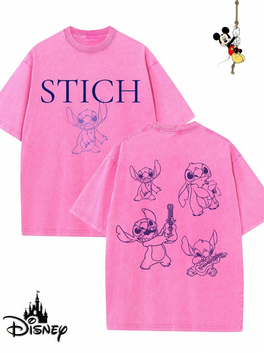 Disney-Licensed Men's Cotton T-Shirt For The 2026 Family Holiday. Featuring A Stitch Motif, Washed Crew Neck, Soft And Comfortable Feel, Easy Care And Suitable For Various Occasions Such As Holidays, Everyday Life And Commuting – Full Of Festive Spirit. - 玫紅色 - 查看 1