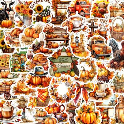 50 Pieces Of Thanksgiving Graffiti Stickers - Waterproof Vinyl, Suitable For Laptops, Scrapbooks, Cups, Notebooks, Etc. - Aesthetic DIY Decorative Gifts