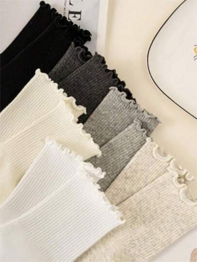 1双/6双装 女士多色荷叶边中筒袜，秋冬季保暖可爱蕾丝袜