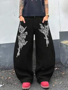 1 chiếc quần jeans ống loe dáng rộng in họa tiết Gothic cổ điển, quần jeans ống phồng phong cách đường phố cá tính, phù hợp mặc hàng ngày, ở nhà và du lịch, unisex. - màu đen - Xem 3