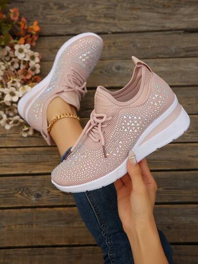 Women's New Sports Style Lace-Up Rhinestone Outdoor Wedge Thick Bottom Casual Sneakers, Breathable Comfortable Running Shoes, Outdoor Travel Shoes, Suitable For All Seasons