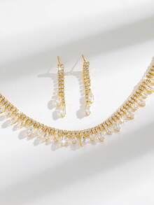 3pcs European And American Niche Rhinestone Tassel Wedding Necklace, Bridal Earrings, Banquet Jewelry, Collarbone Chain Earrings For Women Jewelry, Women Earrings - Multicolor - View 6