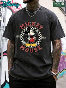 Men's Vintage Disney Mickey Mouse 1928 Black And White Checkerboard Print T-Shirt, Unisex Washable Cotton T-Shirt, Soft Washable Texture, Loose Crew Neck, Machine Washable, Suitable For Casual, Beach, Party & Outdoor Activities, Vintage T-Shirt - màu đen - Xem 2