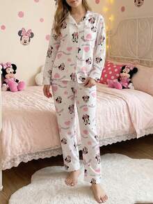 Disney Two Pieces Printed Open-Front Puff Crinkle Casual Long-Sleeved Pants Women's Pajama Set - White - View 3