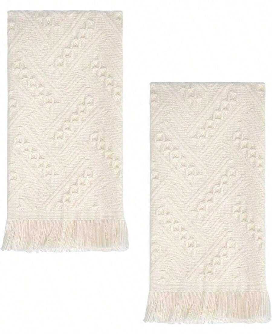 Luxury Decorative Hand Towels Bathroom: 2 Packs 14X30% Cotton Turkish Absorbent Soft Face Towel Set Boho Bathroom Decor Kitchen Hotel Spa Farmhouse Guest Tea (White, 14X30) - 01 Cream White - View 1