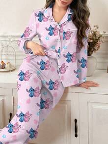 Disney Bộ đồ ngủ dài tay bèo nhún in hình hoạt hình Stitch dành cho nữ, gồm 2 món. - Hồng - Xem 3