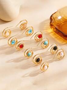 时尚简约镂空圆环珍珠耳环，自由复古设计 - 低过敏性，手工制作，个性耳环，母亲节礼物 - 彩色 - 查看 2