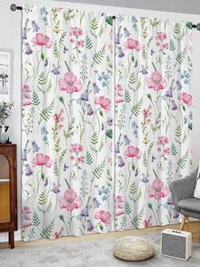 2 piezas de Cortinas con estampado de flores rosas, sin ojales, para dormitorio, oficina, cocina, sala de estar, estudio, decoración del hogar - Multicolor - Ver 4