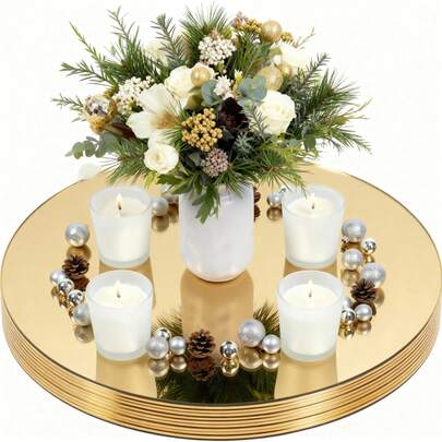 1pc Acrylic Round Mirrors For Center Decor, Gold Glass Mirror Candle Holders, Round Mirror Trays, Round Mirror Candle Plates For Wedding Party Table Center Decor And Wall Decor