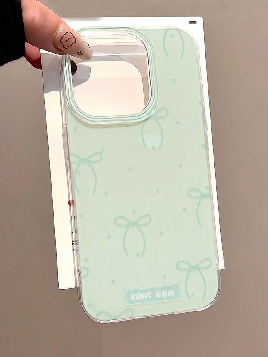 1个可爱蝴蝶结手机壳，兼容 16 Pro、17 Pro Max、16、13、15、11、12、14 Pro Max，防震边框，光滑柔软IMD材质保护壳 - 綠底蝴蝶結 - 查看 1