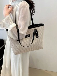 女士草编手提包，时尚度假沙滩包，大容量多功能通勤单肩包 - 黑色 - 查看 5