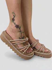 Women's Platform Sandal With Shiny Rhinestones, Comfortable - Beis - Ver 3