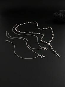 3pcs Punk Cross Beaded Necklace Set, Charming Jewelry For Men - Silver - View 4