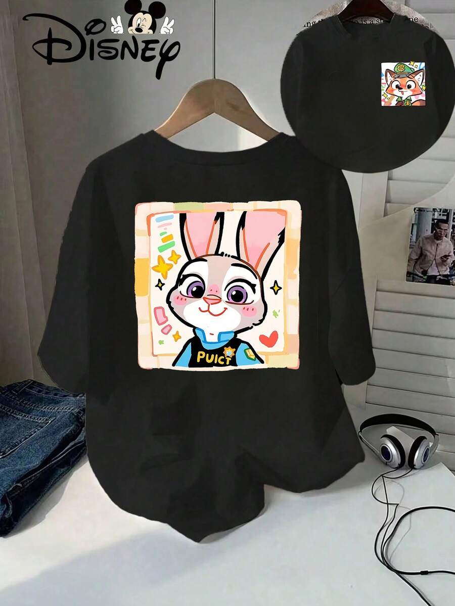 Disney Casual Women's Black Cotton Round Neck Short Sleeve T-Shirt With Zootopia Judy And Nick Print Regular Length Top - 黑色 - 查看 1