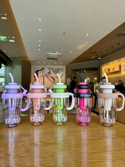 1300ml Premium Plastic Water Bottle With Straw And Infuser - Colorful "ICE CREAM" Print Tumbler With Handle - Reusable Leakproof Drinking Cup For Smoothie, Iced Tea, Fitness, School And Gift