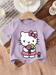SANRIO Kitty Flower Picking Good VIBES Cute Printed Short Sleeve Top, Unrestricted For Children's Activities, Skin Friendly And Breathable Round Neck T-Shirt, Sweet Short Sleeve Suitable For Children's Daily Wear - 淡紫色 - 查看 3
