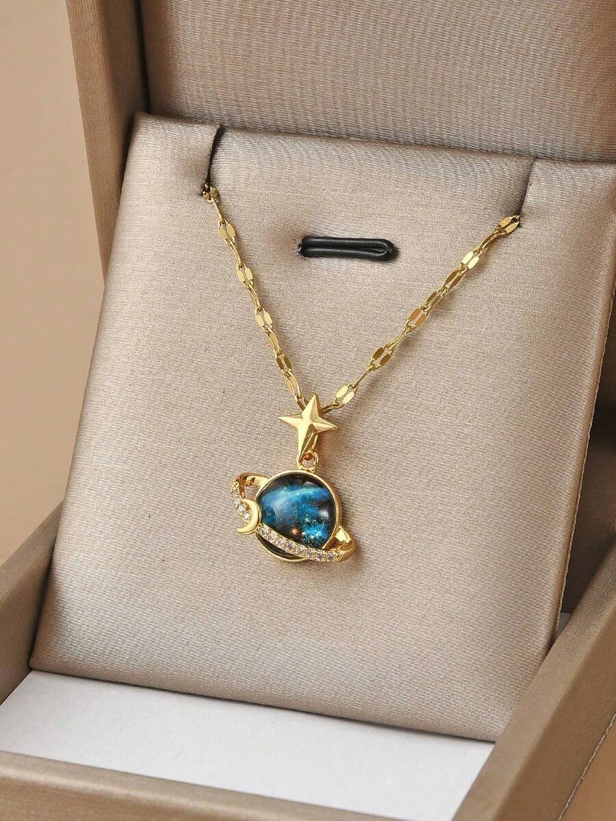 1件装时尚星空月亮不锈钢项链，星星，金色首饰，金项链，夏季，度假，礼物，生日礼物，送朋友的礼物 - 金黃色 - 查看 1