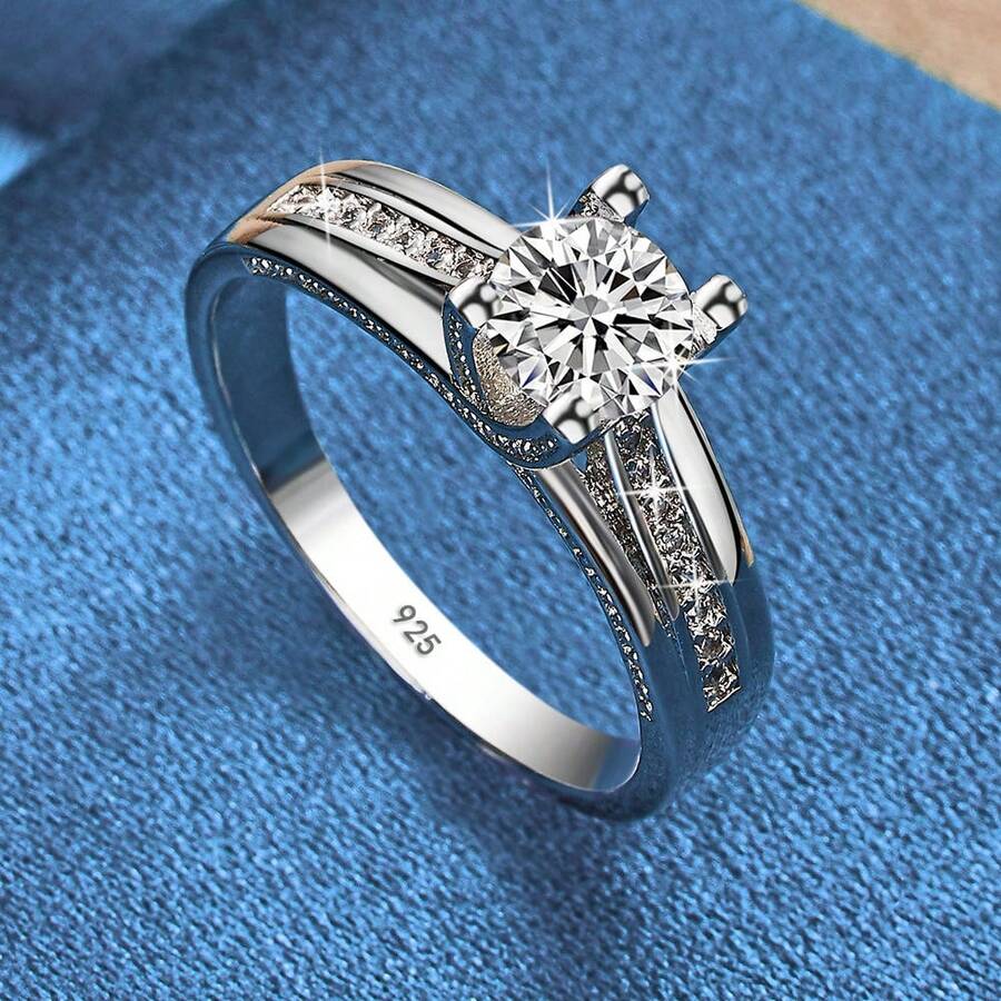925 Silver Plated Zirconia Rings With Classic Four-Claw Design 7-10 Size For Women Engagement Ring For Wedding Party And Daily Wear Fashion Jewelry Holiday Gift / Valentine's Day Gift - Silver - View 1