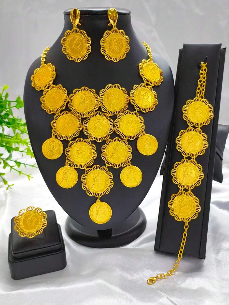 4件套女士镀金肖像硬币吊坠首饰套装，包括项链、手链、戒指和耳环，适合婚礼、派对、母亲节、情人节、生日、音乐节、节日等场合，是送给妈妈、姐妹、女友的礼物。 - 金黃色 - 查看 1