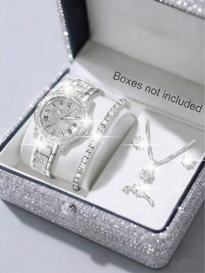 6pcs Women's Alloy Quartz Watch, Bracelet, Necklace, Earrings, Ring Jewelry Set, Elegant Luxury Minimalist Roman Numeral Dial, Suitable For Daily Wear, Party Decoration, Or Gifts For Friends And Mothers On Holidays Like Valentine's Day, Mother's Day