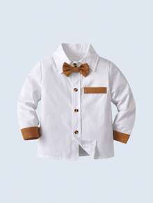 BOARNSEORL 2 piezas Conjunto de caballero para niños pequeños - Camisa blanca con pajarita y pantalones con tirantes caqui, elegante y apropiado para baby shower, fiesta de cumpleaños, boda, atuendo formal de pajecito - Caqui - Ver 7