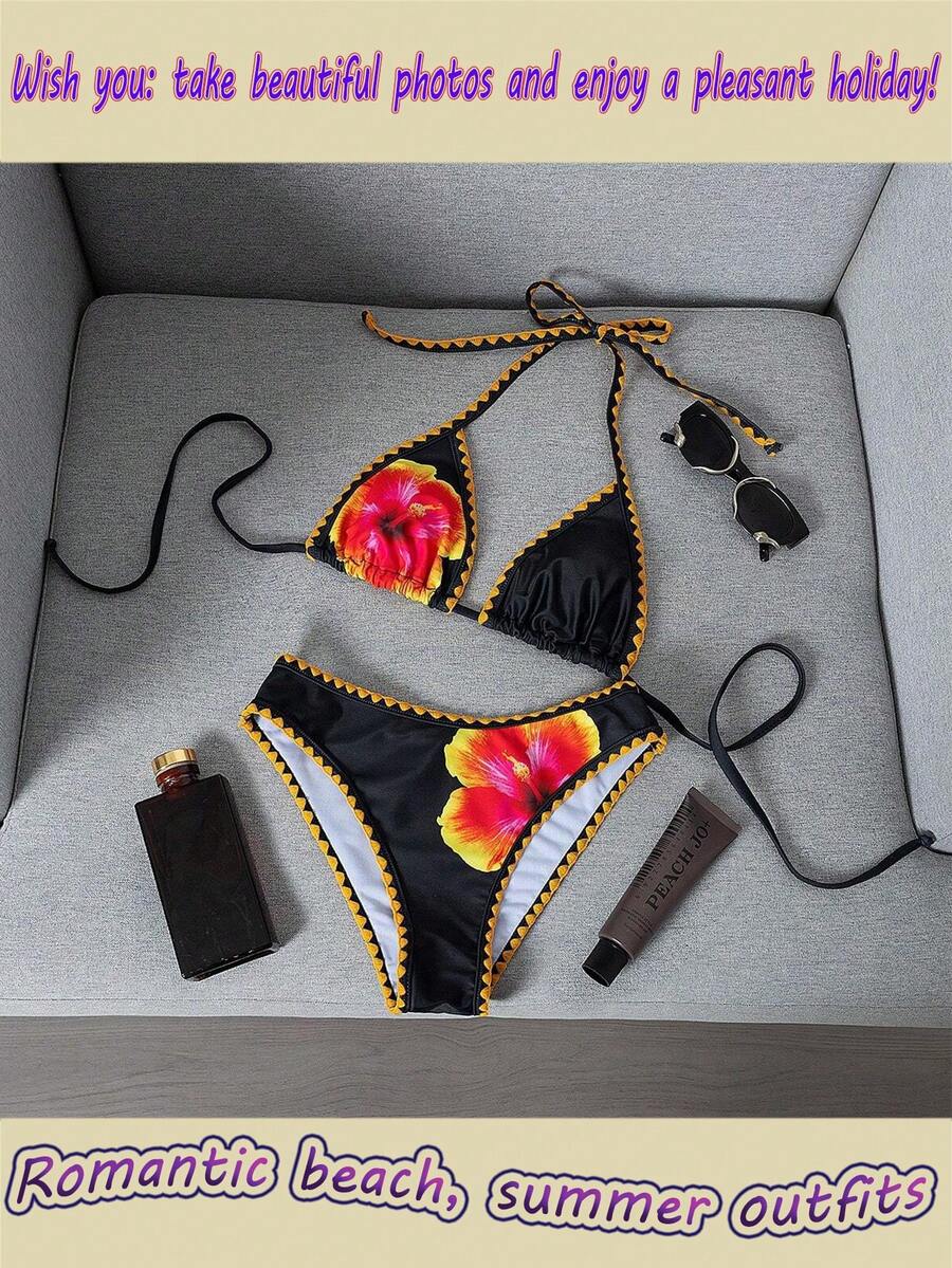 Nuevo conjunto de playa para mujer de verano, bikini clásico de cuello halter, estampado floral, volantes de moda, vacaciones en la playa, fiesta en la piscina, uso casual - Multicolor - Ver 1