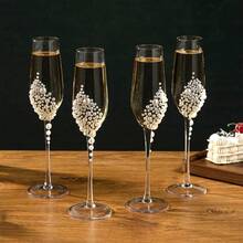 1只/2只珍珠香槟杯，6盎司，透明玻璃杯柄，饰以仿白色珍珠 - 婚礼新郎新娘、下午茶会和单身派对玻璃器皿 - 查看 2