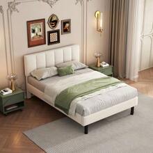 Upholstered Bed, Iron Legs, Slatted Base, Simple Design, 140 X 190 Cm, Mattress Not Included, Sherpa Fabric, Beige - White - View 6
