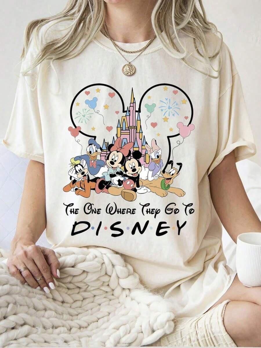 Including Disney Fashion Print, Summer T-Shirt, The Best Day Ever At Disney Print, Suitable For Daily Wear, Easy To Wear In Summer, Micro-Elastic, Soft Round Neck Casual Daily Coat, Including Disney Fashion Print, Round Neck Summer Sweatshirt, For Both Men And Women, Holiday Gifts. - 白色 - 查看 1