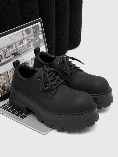 男士厚底德比鞋，休闲系带正装鞋，深色休闲皮鞋