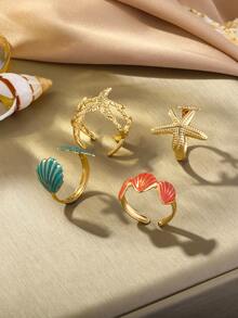 海星贝壳吊坠开口戒指套装，海洋风夏季沙滩配饰，女士 - 海星貝殼戒指 - 查看 2