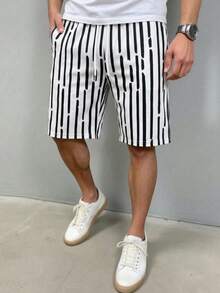 GRDR 男士度假风条纹短裤，休闲舒适简约风，及膝长度 - 黑色 - 查看 2