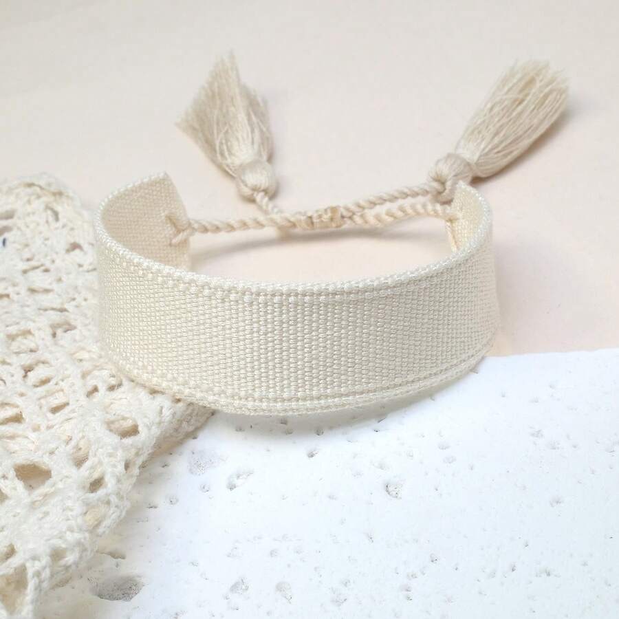 1pc Handmade Vintage Minimalist Boho Style Woven Bracelet, Suitable As Gift For Family, Friends, Students, Festivals, Parties, Traveling - Beige - View 1