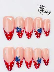 10 Pieces Of Pure Handmade Vintage-Style Long Pointed Almond-Shaped Wearable Nails. Red French Tips With 3D Blueberry And Leaf Accents, White Polka Dots, Bohemian Style. Elevate Your Elegance, Enhance Your Hand Shape. Perfect For Spring And Summer Outings, Beach Vacations, Dates, Music Festivals, And Fashion Shows. Includes Jelly Glue And Nail Files For Long-Lasting Wear. - Baby Pink - View 1