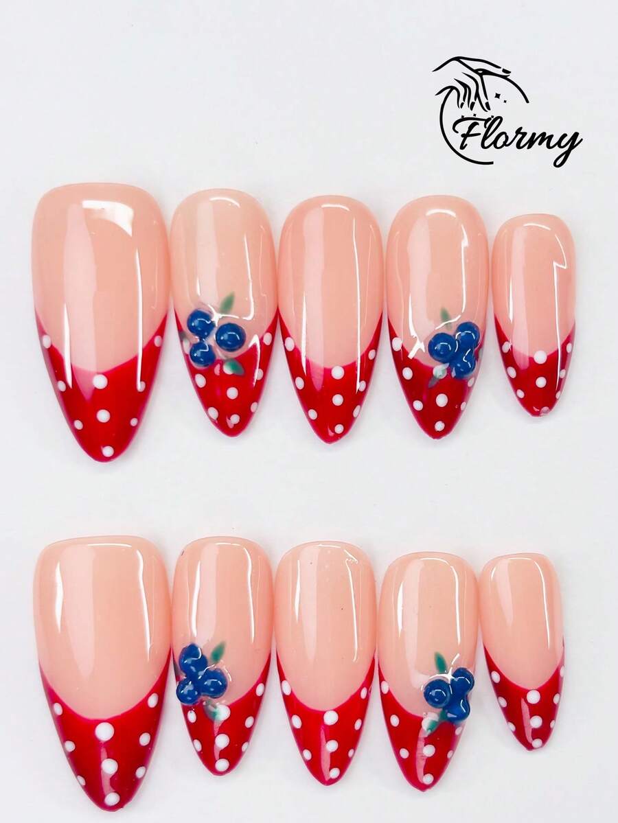 10 Pieces Of Pure Handmade Vintage-Style Long Pointed Almond-Shaped Wearable Nails. Red French Tips With 3D Blueberry And Leaf Accents, White Polka Dots, Bohemian Style. Elevate Your Elegance, Enhance Your Hand Shape. Perfect For Spring And Summer Outings, Beach Vacations, Dates, Music Festivals, And Fashion Shows. Includes Jelly Glue And Nail Files For Long-Lasting Wear. - Baby Pink - View 1